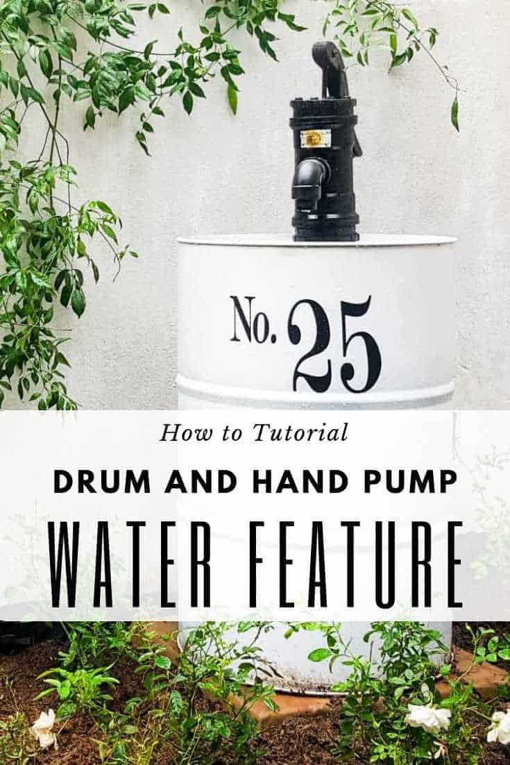 How to turn an empty drum into a unique water feature complete with a faux hand water pump made from PVC pipes. Great curb appeal and easy to follow tutorial #drumwaterfeature #PVChandpump #DIYTutorial #ACraftyMix