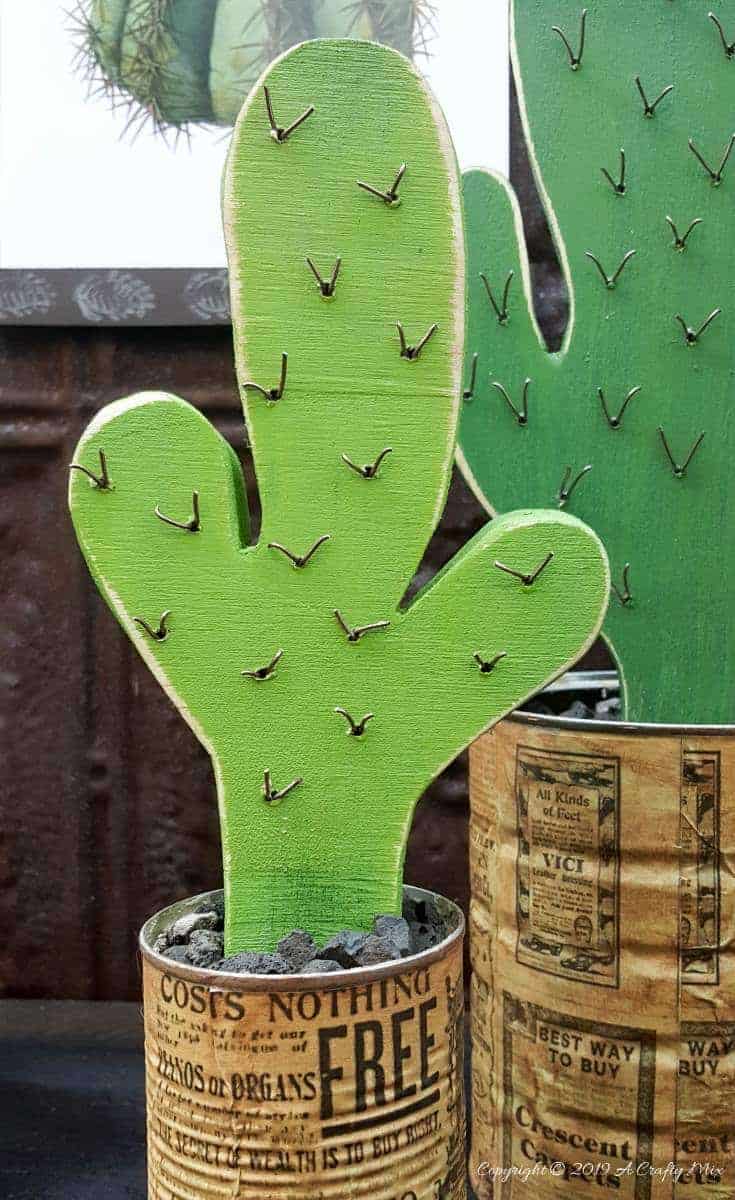 The little baby brother wooden cactus. #BrownThumb #WoodenCacti #DIYTutorial #ACraftyMix #tincanrepurpose