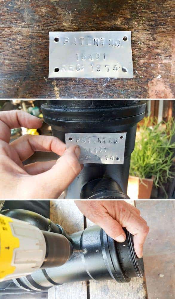 Adding a few nuts, bolts and a metal sign for authenticity #Fauxhandpump #antiquehandpumpDIY