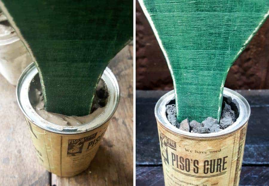 Plant the cactus in cement and add a few stones #BrownThumb #WoodenCacti #tincanrepurpose #DIYTutorial #ACraftyMix