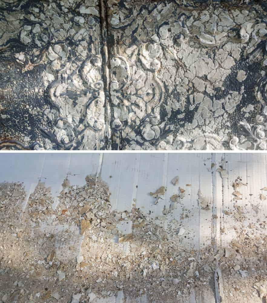 Lots of flaky paint removed from the tin ceiling tiles after sand blasting