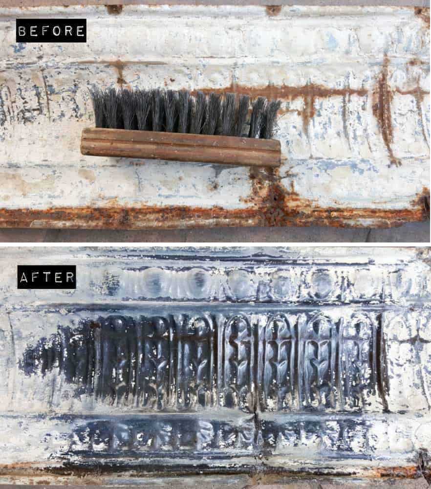 Before and after of the tin ceiling tile after applying oven cleaner #cleaningtintiles #ovencleaner #paintstripper