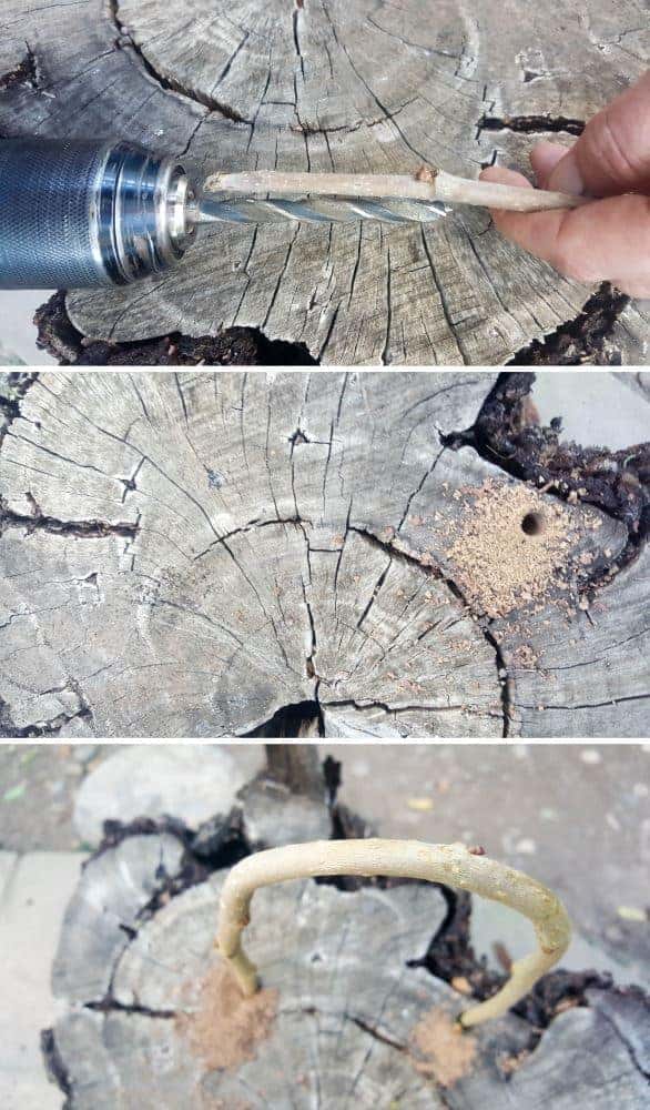 Adding the arch for the fairy swing #treestumpplanter #DIYplanter #fairyswing #DIYTutorial #FairyGardens #SucculentPlanter #HowTo #ACraftyMix
