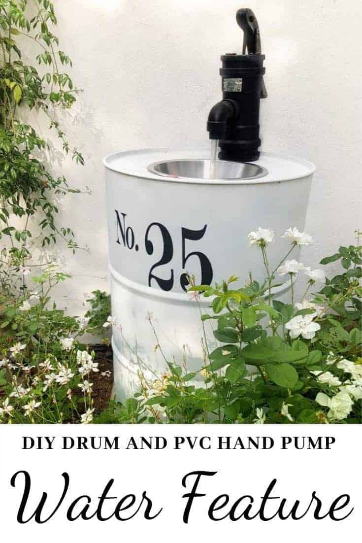 How to turn an empty drum into a unique water feature complete with a faux hand water pump made from PVC pipes #drumwaterfeature #PVChandpump #DIYTutorial #ACraftyMix #DIYWaterFeature #outdoorDIY