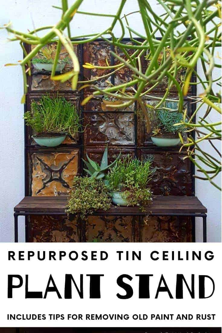 How to makeover an old plant stand using ceiling rusty tin ceiling tiles. Includes 3 ways to clean and prepare the tiles for craft projects #tinceilingideas #tinceilinghomedecor #tinceilingtilesrepurposed #plantstandideas #ACraftyMix
