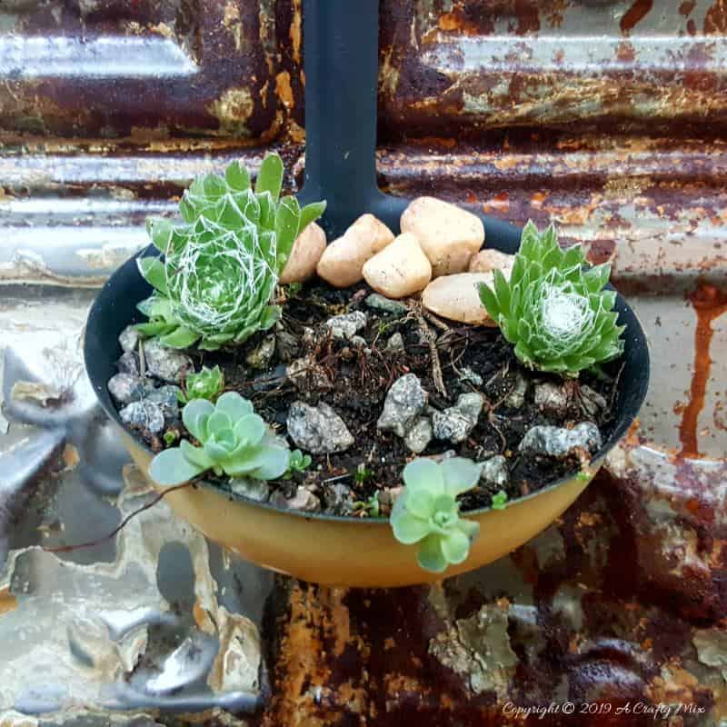 How to makeover an old plant stand using ceiling rusty tin ceiling tiles. Includes 3 ways to clean and prepare the tiles for craft projects #tinceilingideas #tinceilinghomedecor #tinceilingtilesrepurposed #plantstandideas #ACraftyMix