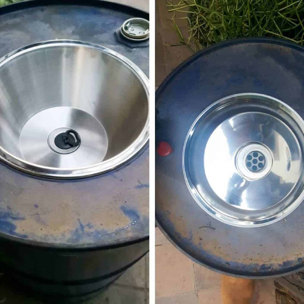 Measuring where to cut to fit the old sink in the drum #drumwaterfeature #PVChandpump #DIYTutorial #ACraftyMix