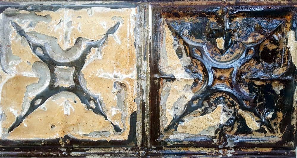 Rustoleum to protect and seal the ceiling tiles and bring out all those beautiful patterns and colors - #tinceilingideas #tinceilinghomedecor #tinceilingtilesrepurposed #plantstandideas #ACraftyMix