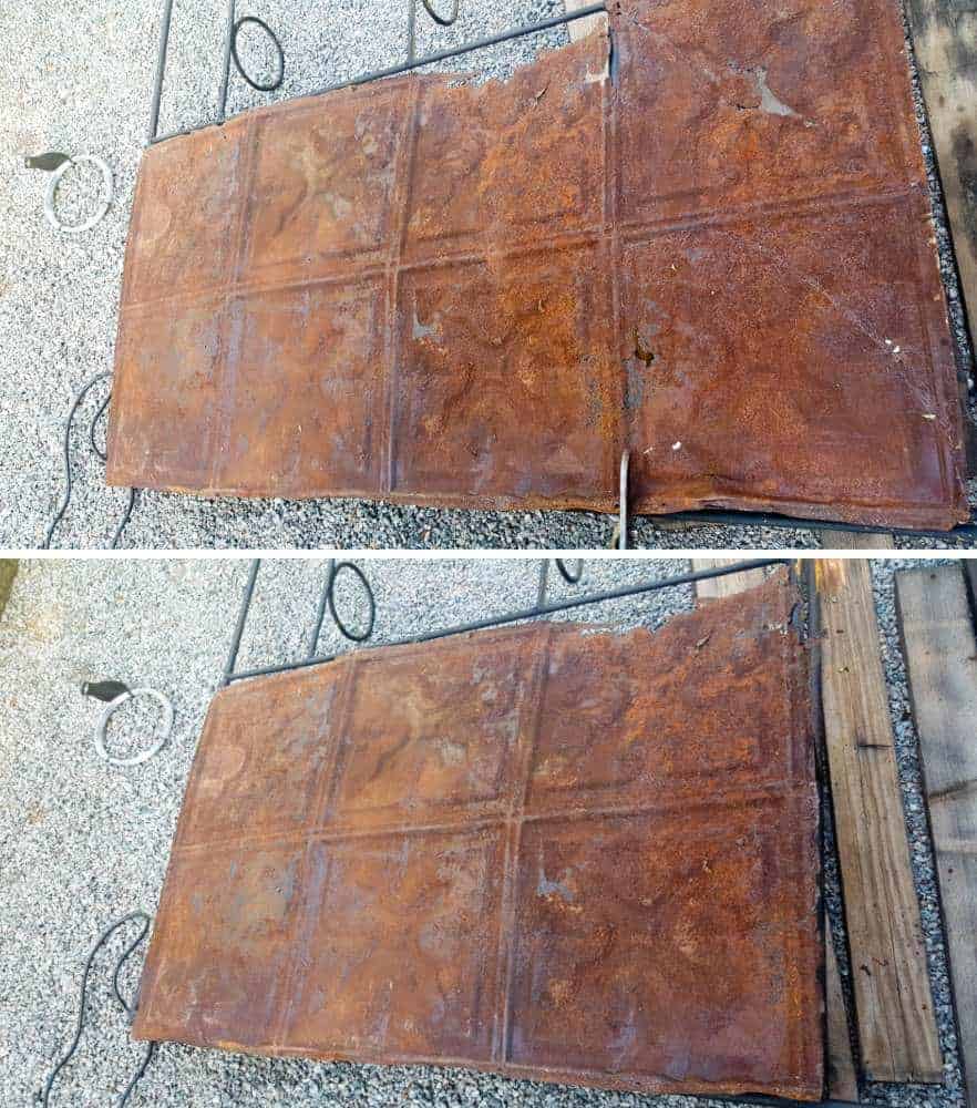 Attaching the ceiling tiles to the back of the metal plant stand - How to makeover an old plant stand using ceiling rusty tin ceiling tiles. Includes 3 ways to clean and prepare the tiles for craft projects #tinceilingideas #tinceilinghomedecor #tinceilingtilesrepurposed #plantstandideas #ACraftyMix