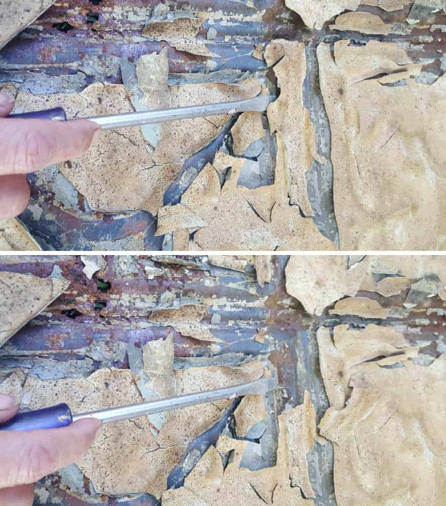 Using a screw driver to remove flaky paint from the old tin ceiling tiles #tinceilingideas #tinceilinghomedecor #tinceilingtilesrepurposed #plantstandideas #ACraftyMix