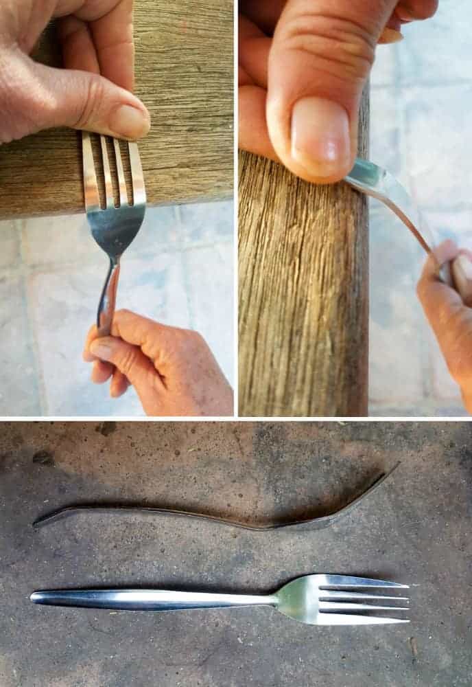 Bending the fork into shape to for the succulent planter. #SucculentPlanter #FloatingTeapot #ACraftyMix #DIYTutorial #ForkRepurpose #CrazyCrafts