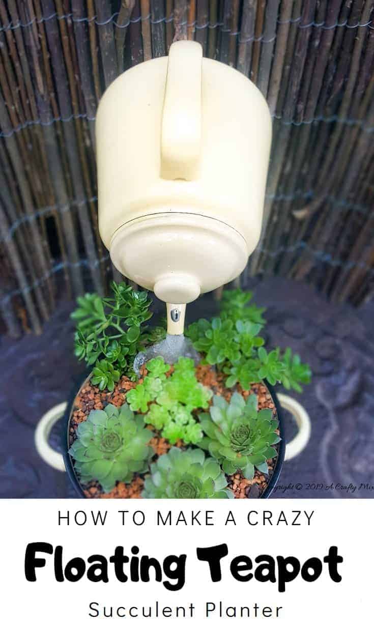 A crazy cool floating teapot planter viewed from the top. Come see how to make your own #SucculentPlanter #FloatingTeapot #ACraftyMix #DIYTutorial #ForkRepurpose #CrazyCrafts