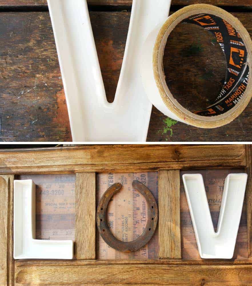 Stick the letter dishes down with strong double sided tape #aCraftyMix #letterdishes #horseshoe #repurpose #walldecor #LuvWalldecor #horseshoerepurpose