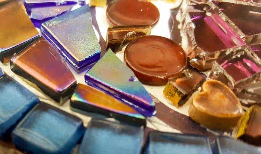 A close up of all the different colors and textures in the mixed media mosaic unicorn #mosaicprojects #tipsandtricks #howtomake #mixedmediamosaic #acraftymix #unicornspit #mosaicart #mosaicideas #unicornart