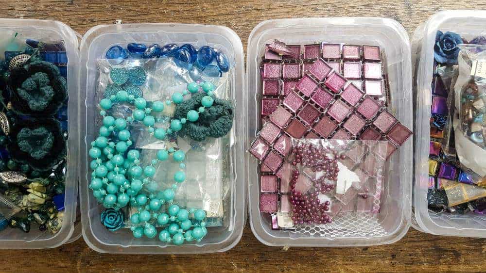 A huge collection of mosaic tiles all neatly stored in their own containers #mosaicprojects #tipsandtricks #howtomake #mixedmediamosaic #acraftymix #unicornspit #mosaicart #mosaicideas #unicornart