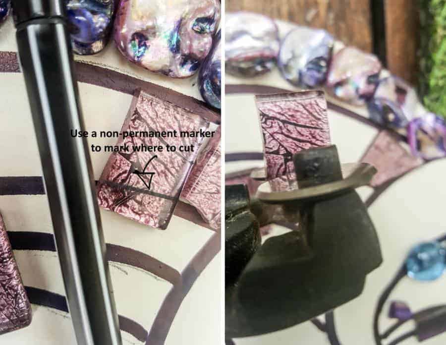 Handy hint - use a permanent marker to mark where to cut the mosaic tiles #mosaicprojects #tipsandtricks #howtomake #mixedmediamosaic #acraftymix #unicornspit #mosaicart #mosaicideas #unicornart