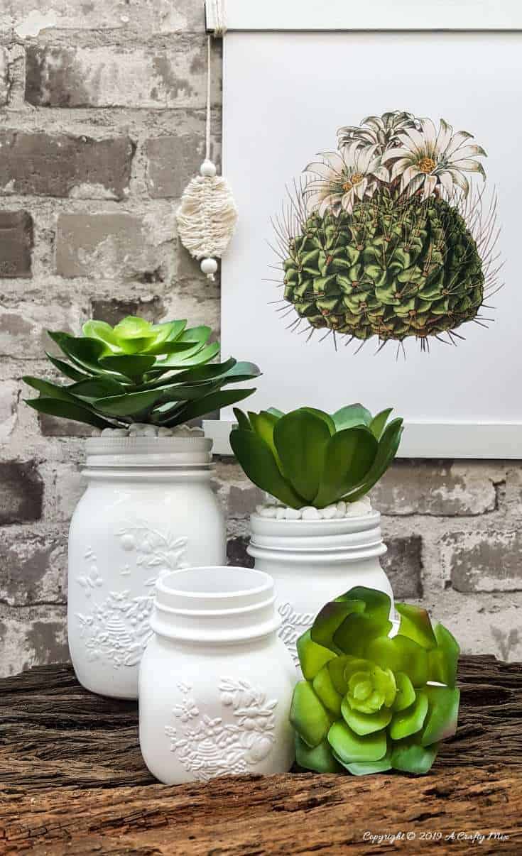 How to make your own set of succulent mason jar canisters! Perfect for your kitchen or bathroom and succulents are so trendy right now, #masonjarcanisters #masonjarcanisterset #kichendecor #masonjar #masonjarcrafts #bathroomdecor #homedecor #rustic #farmhouse #succulent #storage