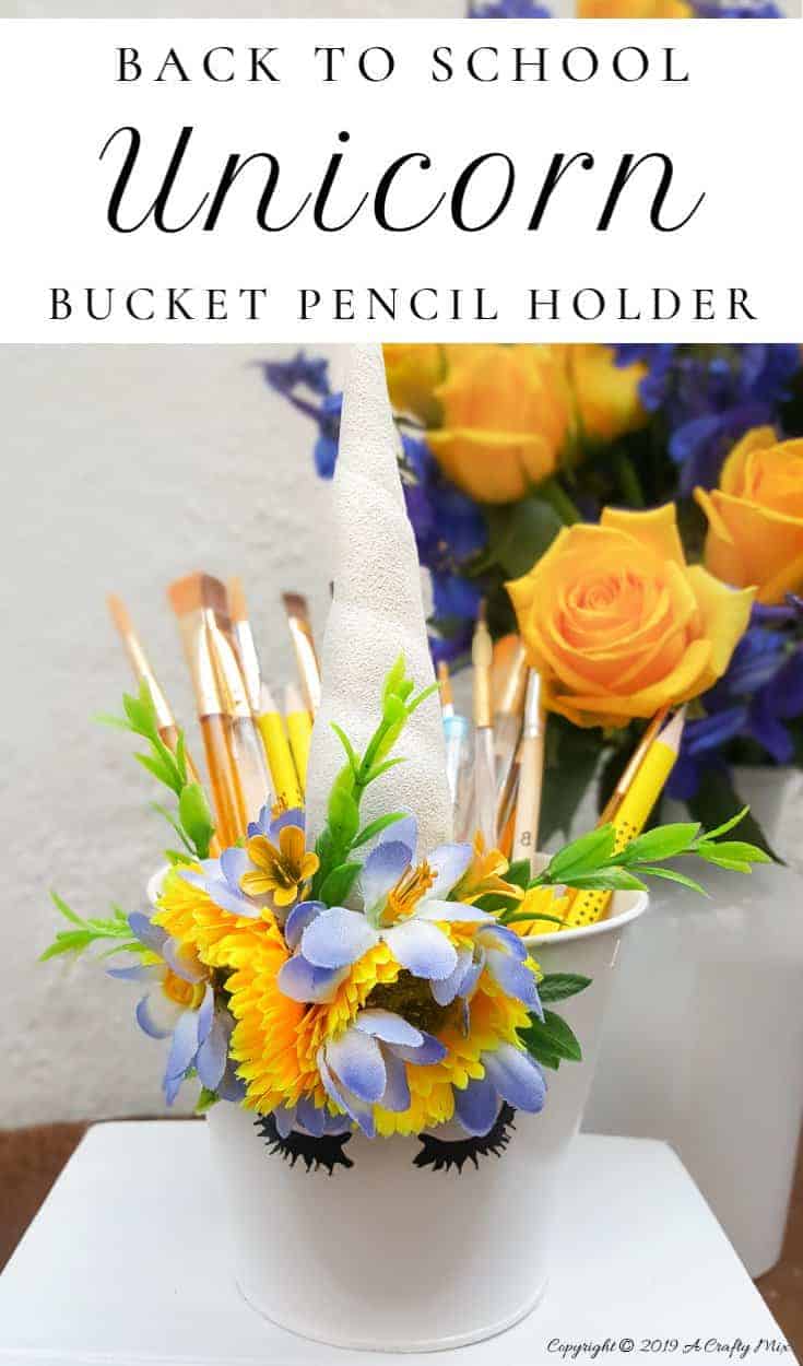 This cute unicorn bucket pencil holder is a lovely back to school gift idea. They're quick and easy to make using moldable plastic and some faux flowers. #backtoschool #unicorncrafts #pencilholder #DIYpencilholder #moldableplastic #instamorph #unicorn