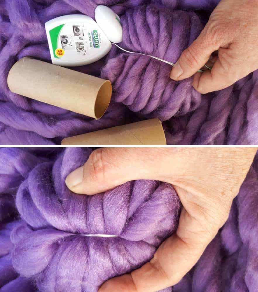 Tie the floss between the rolls. 3 tricks to making round fluffy pom poms #pompom #craft #tricks #tips #easycraft #acraftymix