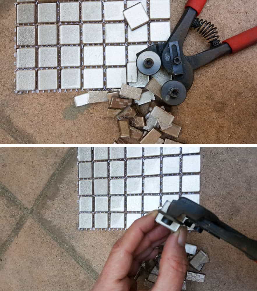 How to cut square mosaic tiles in half. #Fauxconcrete #painteffects #mossmannequin #DIYTutorial #mosseffects #gardenart #acraftymix #recyclegardenart