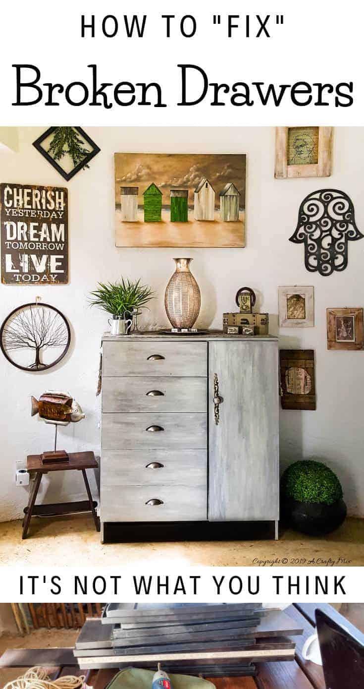 How to fix broken drawers so they NEVER wobble or fall off the railing again. A quick and easy trick that's guaranteed to work. #Tipsandtricks #acraftymix #brokendrawers #quickfix #easyDIYfix