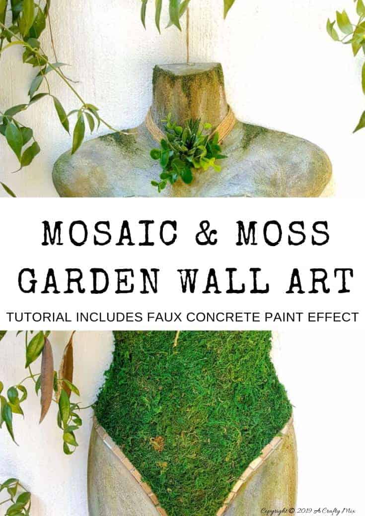 How to repurpose a plastic mannequin and turn it into unique garden art. The tutorial includes how to create a faux concrete effect with craft paint. Love how the finished product turned out. #Fauxconcrete #painteffects #mossmannequin #DIYTutorial #mosseffects #gardenart #acraftymix #recyclegardenart