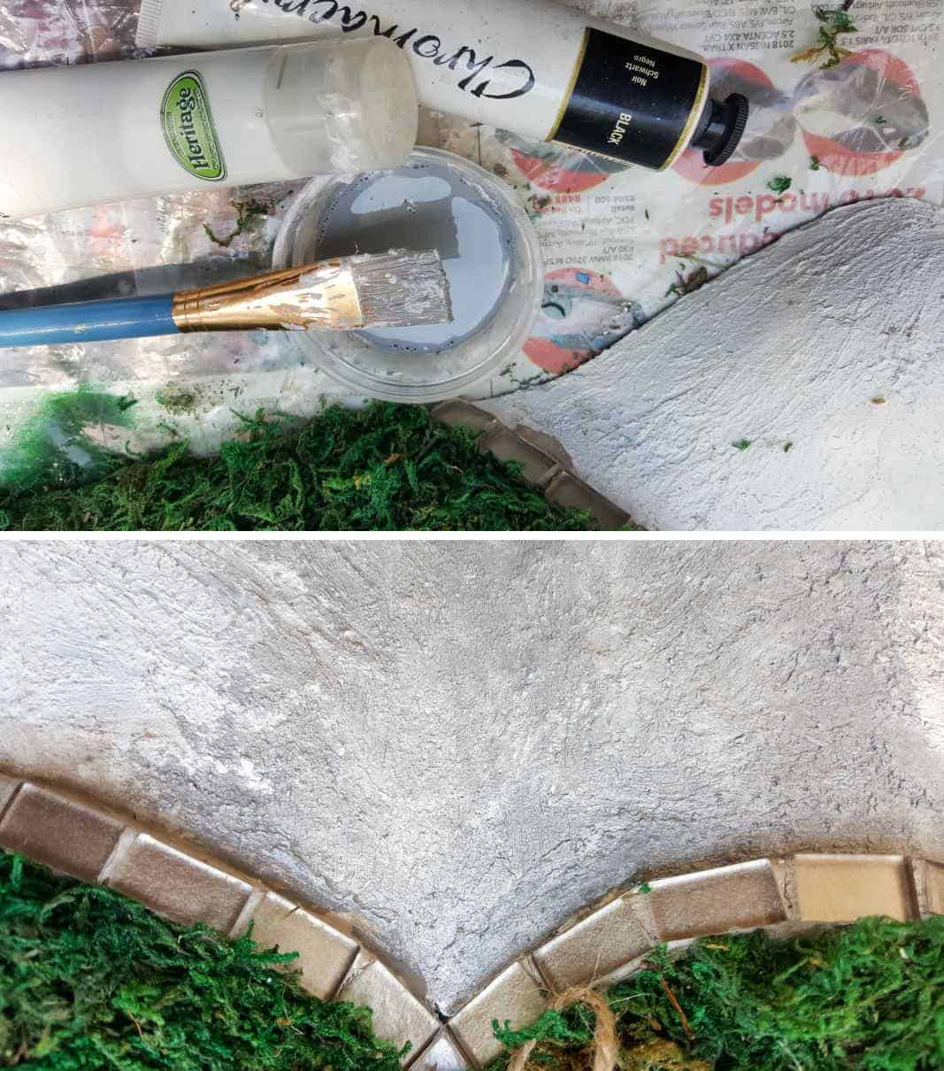Mix up some black and white craft paint and "wash" the mannequin. The tutorial includes how to create a faux concrete effect with craft paint. Love how the finished product turned out. #Fauxconcrete #painteffects #mossmannequin #DIYTutorial #mosseffects #gardenart #acraftymix #recyclegardenart