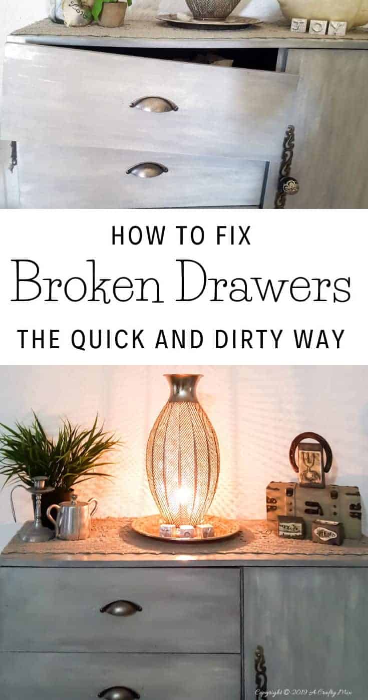How to fix broken drawers so they NEVER wobble or fall off the railing again. A quick and easy trick that's guaranteed to work. #Tipsandtricks #acraftymix #brokendrawers #quickfix #easyDIYfix