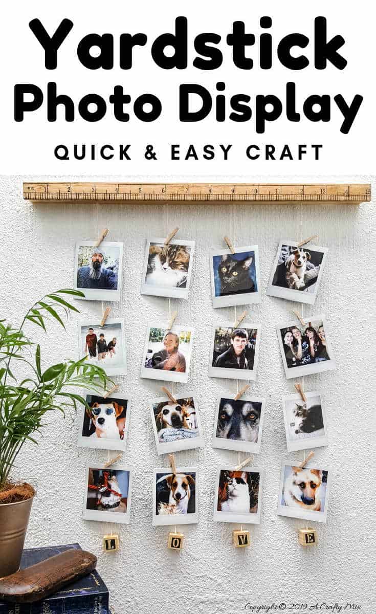 A gorgeous, fun, and simple DIY yardstick photo display for all those Instagram prints and photos. And the pegs make it easy to change them around anytime you want! #photodisplay #diy #diyproject #photodisplay #familyphotos #home #homedecor #acraftymix #instagramphotos #instax