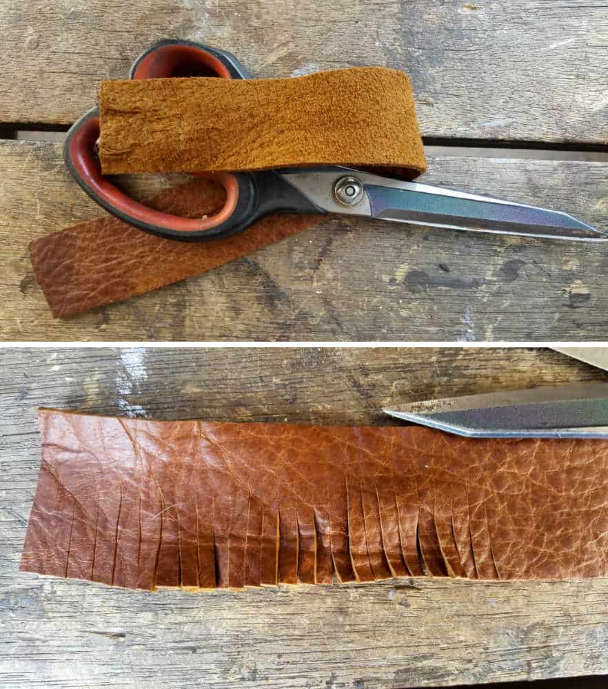 To make the fring, use a strip fo leather and make small cuts #tincan #recycle #repurpose #tincanrecycle #tincanplanter #acraftymix #creativetincanprojects #uniquetincanDIY
