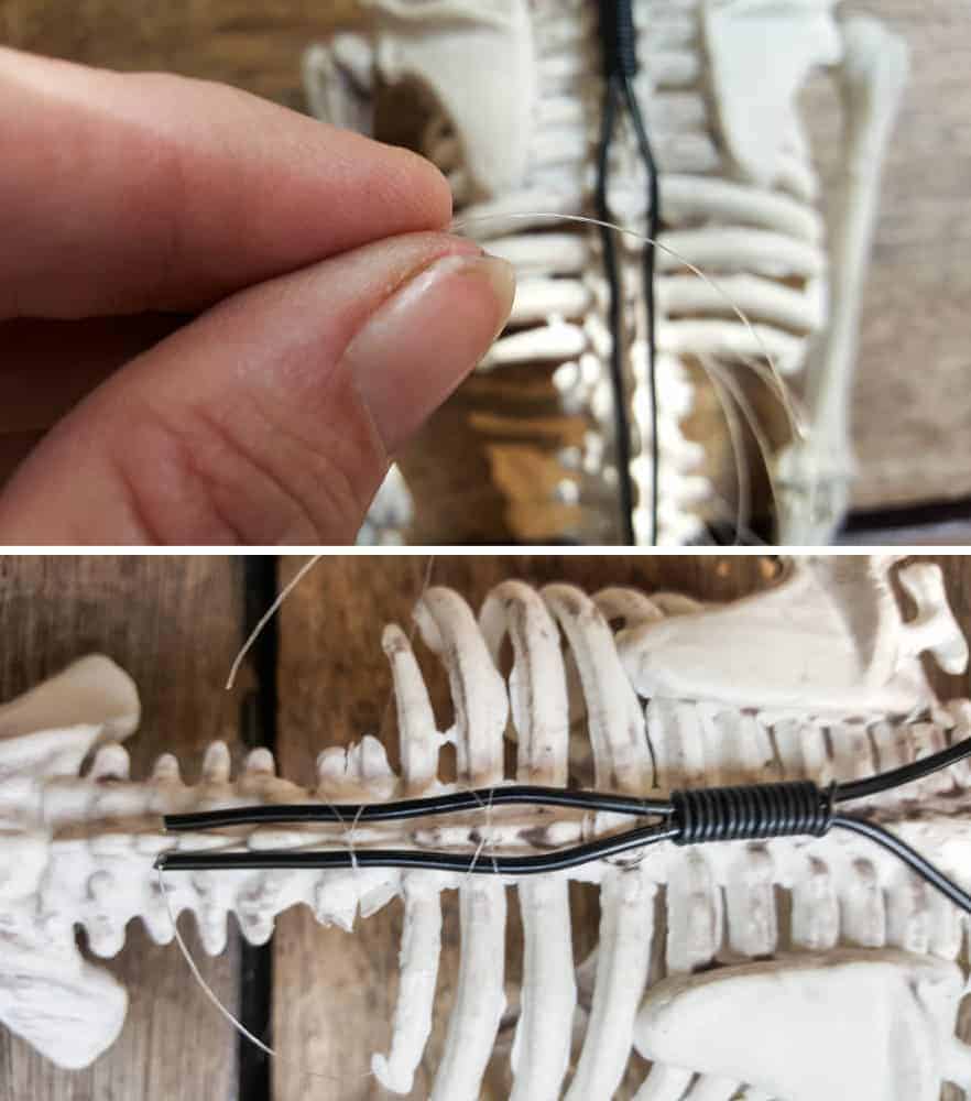 Attaching the wire to the back of the skeleton. #FunHalloweenCraft #EasyHalloweenCraft #HalloweenDIY #HalloweenCraft #HolidayCraft