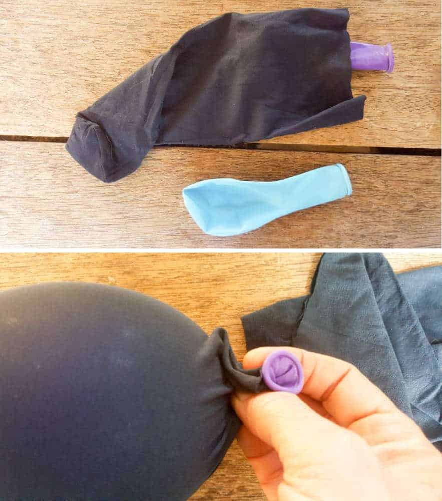 Place the balloon inside the stockings before blowing up #concretepumpkin #fallcrafts #acraftymix #fallDIY #candleholders #pumpkindecorating