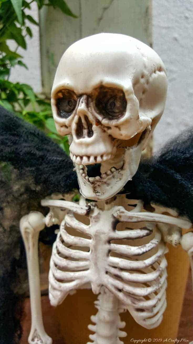 Close up of Sergeant Skullie's face. Attaching the wire to the back of the skeleton. #FunHalloweenCraft #EasyHalloweenCraft #HalloweenDIY #HalloweenCraft #HolidayCraft