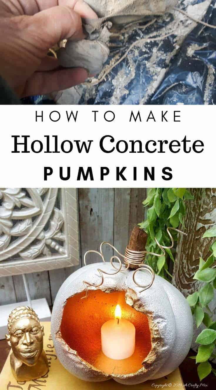 These gorgeous hollow concrete pumpkins will make a lovely addition to your fall d&eacute;cor. You can add a candle or turn them into fun planters. The DIY tutorial is easy to follow so you can make your own. #concretepumpkin #fallcrafts #acraftymix #fallDIY #candleholders