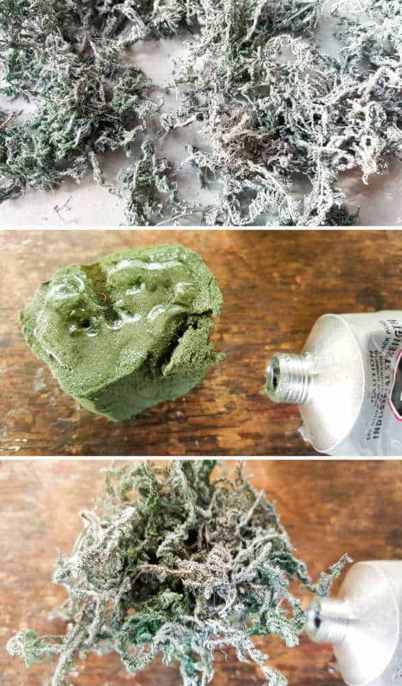 Glue the moss onto the florist foam #Halloweendecor #dollmakeover #spidergirl #acraftymix #halloweentutorial #halloweenDIY #witchlegs #grandinroad #miniaturehalloween