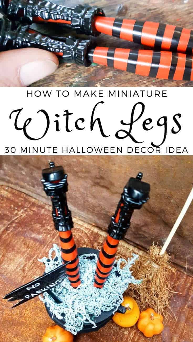 How to make wickedly wonderful miniature witch legs in a cauldron. Inspired by Grandin Road #Halloweendecor #dollmakeover #spidergirl #acraftymix #halloweentutorial #halloweenDIY #witchlegs #grandinroad #miniaturehalloween