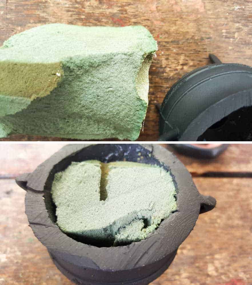 Cut some florist foam to fit inside the miniature cauldron. #Halloweendecor #dollmakeover #spidergirl #acraftymix #halloweentutorial #halloweenDIY #witchlegs #grandinroad #miniaturehalloween