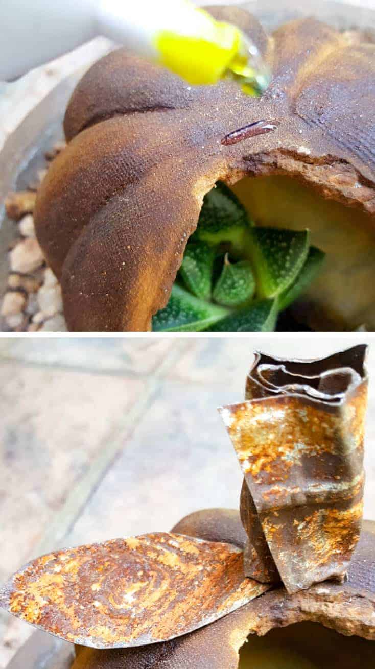 Glue the tin ceiling stalk onto the stained concrete planter #concreteplanter #concretepumpkin #stainedconcrete #concreteDIY #acraftymix #howtotutorial #succulentplanter #cementplanter