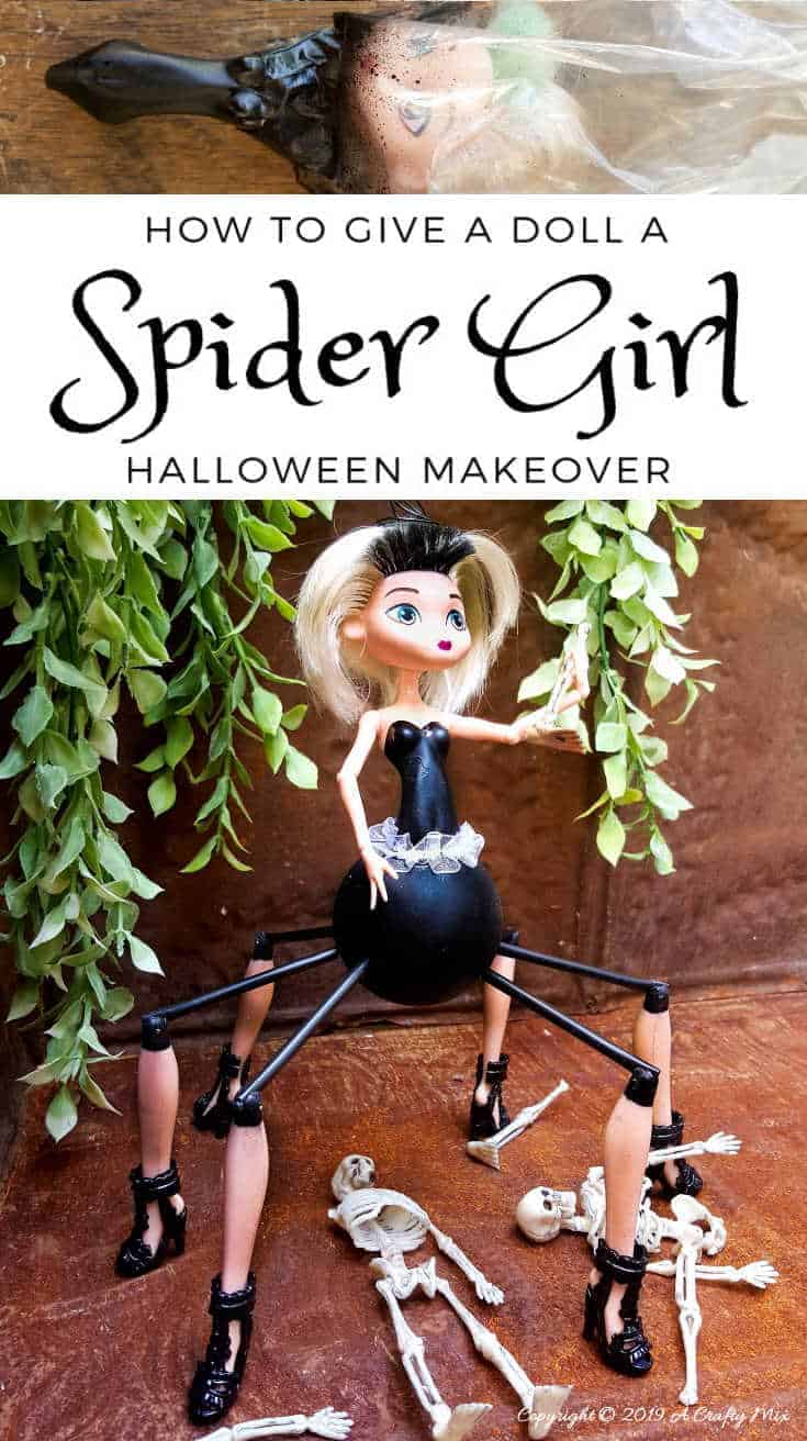 Do spiders freak you out? This easy to follow tutorial will show you how to give a cheap plastic doll a spider-girl makeover for Halloween that's a little freaky but oh so cute too #Halloweendecor #dollmakeover #spidergirl #acraftymix #halloweentutorial #halloweenDIY