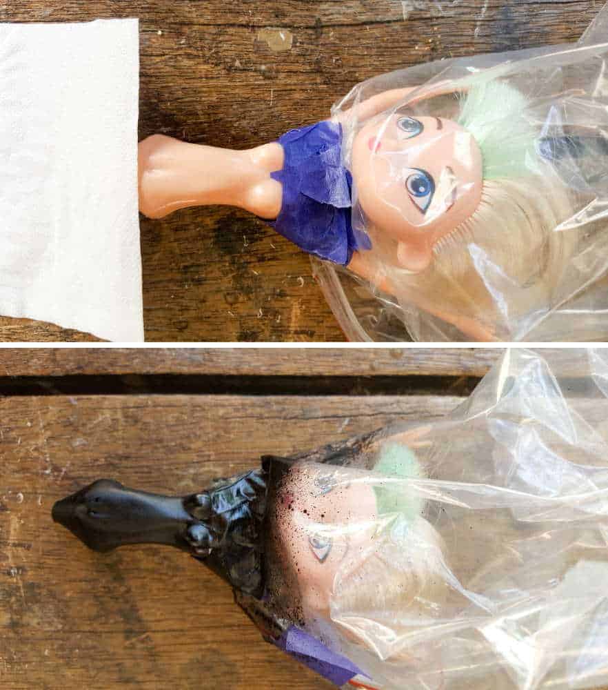 Place a plastic bag over the dolls head before painting #Halloweendecor #dollmakeover #spidergirl #acraftymix #halloweentutorial #halloweenDIY