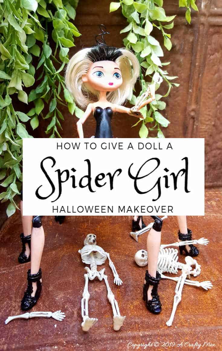 Do spiders freak you out? This easy to follow tutorial will show you how to give a cheap plastic doll a spider-girl makeover for Halloween that's a little freaky but oh so cute too #Halloweendecor #dollmakeover #spidergirl #acraftymix #halloweentutorial #halloweenDIY