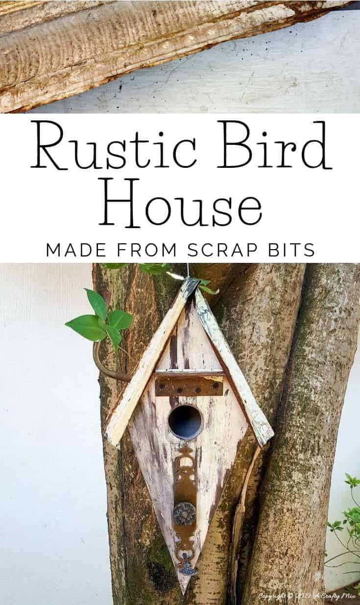 Want to add some rusty curb appeal or improve your backyard? This unique recycled birdhouse is made entirely from scrap bits and has so much character. It&rsquo;s inexpensive and easy to make too The tutorial includes all the instructions to make your own. #rusticbirdhouse #DIYbirdhouse #paintedbirdhouse #acraftymix #birdhouseideas #uniquebirdhouse