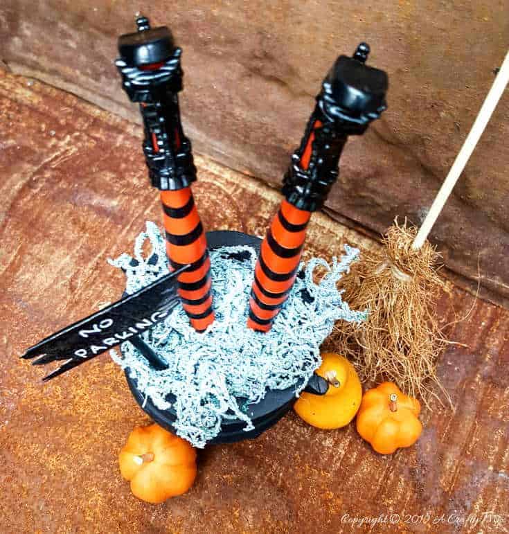 How to make wickedly wonderful miniature witch legs in a cauldron. Inspired by Grandin Road #Halloweendecor #dollmakeover #spidergirl #acraftymix #halloweentutorial #halloweenDIY #witchlegs #grandinroad #miniaturehalloween