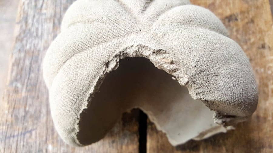 The half broken pumpkin before adding the stain. That gap is perfect to create a lovely succulent planter #concreteplanter #concretepumpkin #stainedconcrete #concreteDIY #acraftymix #howtotutorial #succulentplanter