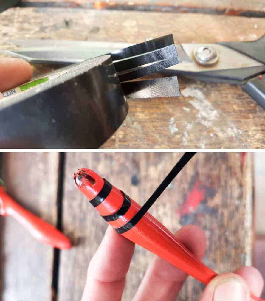 Cut electric tape in long thin strips. #Halloweendecor #dollmakeover #spidergirl #acraftymix #halloweentutorial #halloweenDIY #witchlegs #grandinroad #miniaturehalloween
