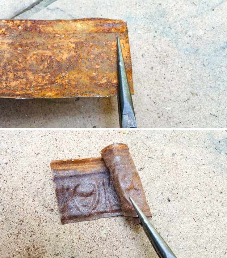 Use a pairs of long nose pliers to roll the tin ceiling stalk #concreteplanter #concretepumpkin #stainedconcrete #concreteDIY #acraftymix #howtotutorial #succulentplanter #cementplanter
