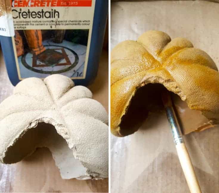 Apply the stain with a brush or a roller #concreteplanter #concretepumpkin #stainedconcrete #concreteDIY #acraftymix #howtotutorial #succulentplanter #cementplanter
