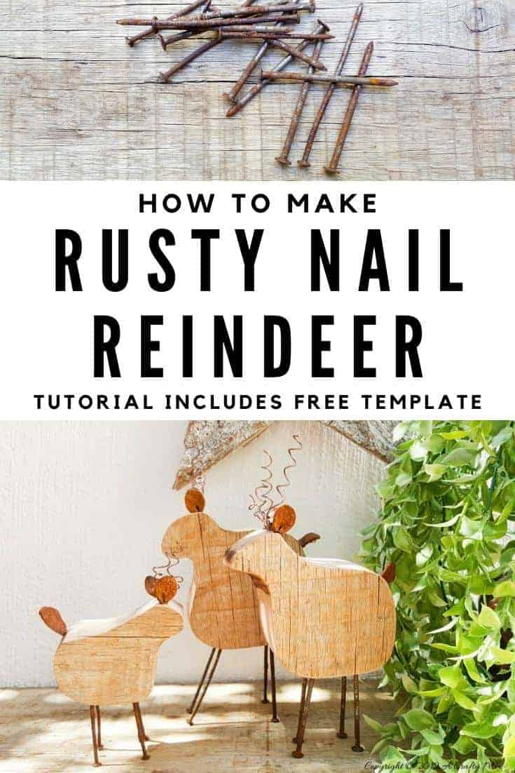 Easy DIY Rustic, repurposed Reindeer Family Ornaments - a lovely way to use up those old rusty nails and add something special to your festive decor Great gift idea too! #woodenreindeer #DIYReindeer #DIYRustyReindeer #RustyNailrepurpose #acraftymix # Reindeerdecor #reindeertemplate #foundobjectart