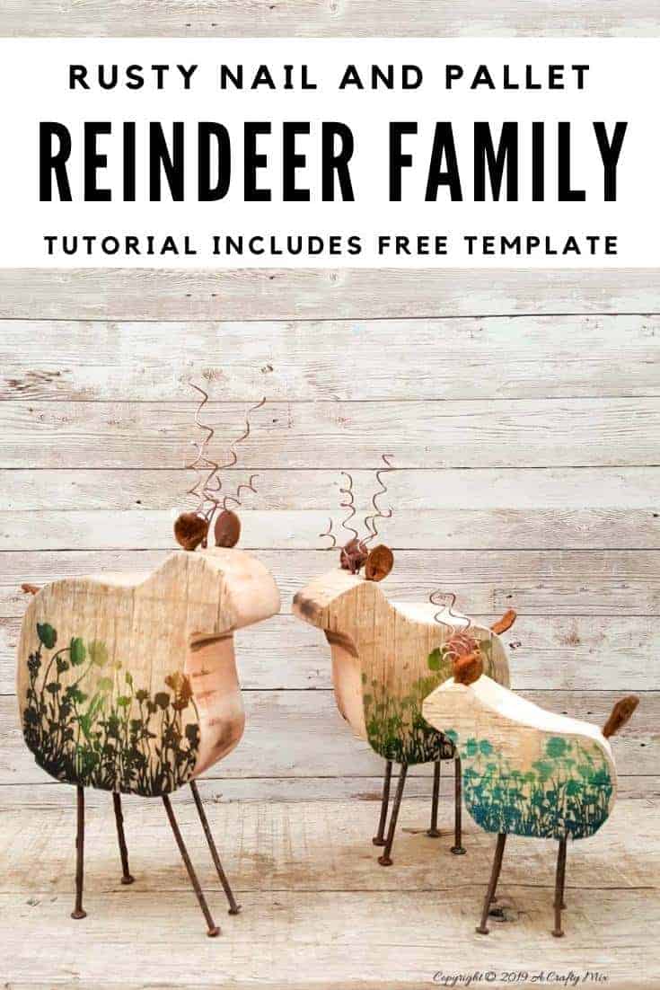 Easy DIY Rustic, repurposed Reindeer Family Ornaments - a lovely way to use up those old rusty nails and add something special to your festive decor Great gift idea too! #woodenreindeer #DIYReindeer #DIYRustyReindeer #RustyNailrepurpose #acraftymix # Reindeerdecor #reindeertemplate