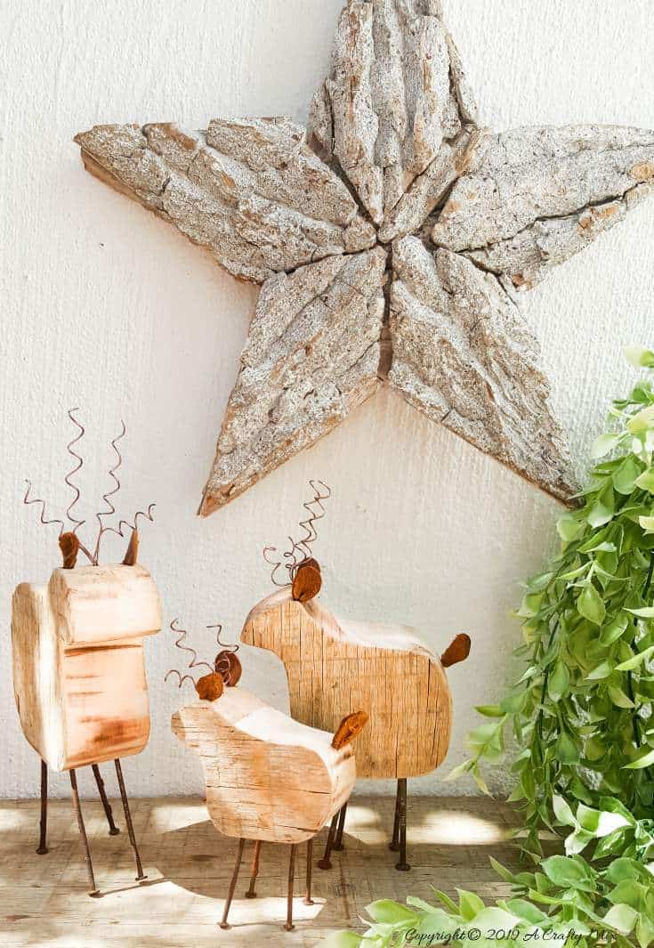Easy DIY Rustic, repurposed Reindeer Family Ornaments - a lovely way to use up those old rusty nails and add something special to your festive decor Great gift idea too! #woodenreindeer #DIYReindeer #DIYRustyReindeer #RustyNailrepurpose #acraftymix # Reindeerdecor #reindeertemplate